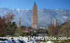 The pagodas are located at the foot of Mt. Cangshan.